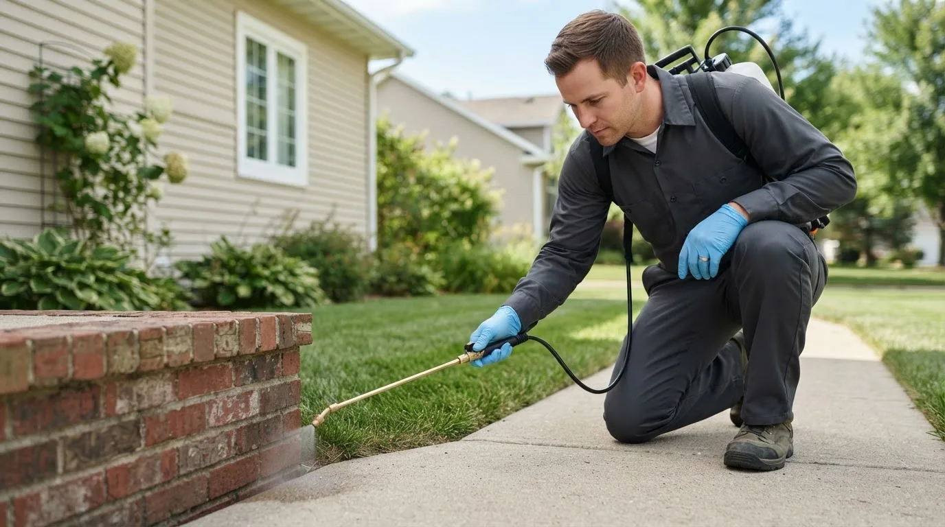 Pest control technician treating a home near Harlan, IN